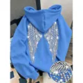 Blue hoodie with rhinestone angel wings on back, casual long sleeve hooded sweatshirt. - XS / Tops / Lake Blue