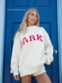 Casual women's crewneck sweatshirt and shorts set with red letter print in beige color. - Khaki With Red Letters / XS