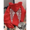 Red rhinestone angel wings hoodie, casual long sleeve streetwear pullover top for men women. - XS / Tops / Red