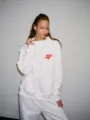 Women white sweatshirt and pants set, long sleeve crewneck pullover with cute red heart graphic print. - White - Heart / XS