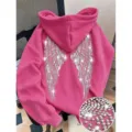 Pink rhinestone angel wings hoodie long sleeve pullover casual streetwear hooded sweatshirt - XS / Tops / Rose Red