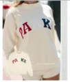 Casual crewneck sweatshirt and shorts set with colorful embroidered letters for women daily wear. - Khaki with Colored Text / XS