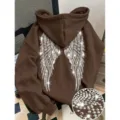 Brown rhinestone angel wings hoodie, casual long sleeve pullover hooded sweatshirt for unisex. - XS / Tops / Coffee