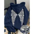 Rhinestone angel wings hoodie for men and women, casual long sleeve fleece hooded sweatshirt. - XS / Tops / Navy Blue