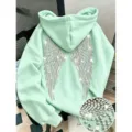 Mint green rhinestone angel wings hoodie, stylish Y2K fashion streetwear pullover top for men. - XS / Tops / Mint Green