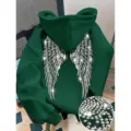 Mens womens rhinestone angel wings hoodie dark green streetwear casual pullover sweatshirt - XS / Tops / Dark Green
