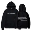 Women's black hoodie with motivational letter print, kangaroo pocket and adjustable drawstring. - XS / Tops / Black - White Print