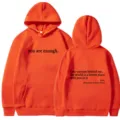 Orange letter print hoodie with kangaroo pocket and drawstring, front and back view variant. - XS / Tops / Orange - Black Print