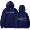 Dark blue women's hooded sweatshirt with drawstring pocket and inspiring letter print front back. - XS / Tops / Navy Blue - White Print