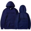 Dark blue hoodie for women with letter print, front pocket, and drawstring hood variant. - XS / Tops / Navy Blue - Black Print