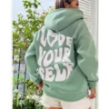 Green fleece hoodie for women with back letter print, casual Harajuku style tops. - XS / Tops / Fruit Green