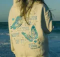 Beige hooded sweatshirt with blue embroidered butterfly design, casual fleece pullover hoodie. - XS / Tops / Light Gray Butterfly