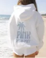 White hooded sweatshirt featuring a stylish palm tree graphic and pink palm puff text print. - XS / Tops / White-Sky Blue Logo