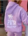 Purple hoodie with pink palm puff back print, oversized streetwear casual pullover sweatshirt. - XS / Tops / Light Purple-Silver White Logo
