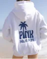 Light grey oversized hoodie featuring a blue palm tree print and back graphic design. - XS / Tops / Mixed Grey