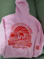 Pink hoodie with embroidered wave graphic and text on back for casual daily wear fashion. - XS / Tops / Pink