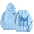 Light blue fleece lined hoodie with ocean palm tree print, casual loose hooded sweatshirt. - XS / Tops / Sky Blue