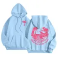 Light blue fleece hooded sweatshirt for women, loose warm pullover with palm print and back graphic. - XS / Tops / Sky Blue