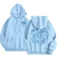 Light blue fleece-lined women's hoodie with tropical palm and hibiscus print, loose fit and cozy. - XS / Tops / Light Blue