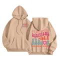 Women fleece-lined hooded sweatshirt casual loose pullover with retro letter print apricot - XS / Tops / Camel
