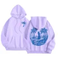 Lavender fleece-lined hooded sweatshirt with palm tree print, loose fit and cozy warm style. - XS / Tops / Light Purple