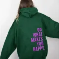 Grüner Fleece-Hoodie für Damen mit stilvollem pinken Motivdruck auf der Rückseite für Alltag. - Dunkelgrün (Pflaume Logo) / XS