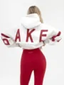 Oversized thick grey hooded sweatshirt with red letter print and red stretch leggings variant. - White Red