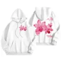 Women's fleece-lined white hoodie featuring pink orchid floral graphic print and cozy design. - XS / Tops / White