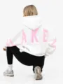 Casual white hooded sweatshirt for women, long oversized fit with pink letter print back. - White Pink