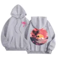 Grey fleece hoodie for women with palm tree and sunset graphic print, comfortable long sleeve. - XS / Tops / Light Gray