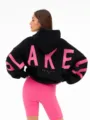 Black oversized hooded sweatshirt with pink lettering, stylish casual athletic long pullover for women. - Black Red