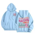 Light blue fleece hoodie front and back view with retro letter print and ribbed cuffs. - XS / Tops / Light Blue