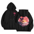 Black fleece-lined hooded sweatshirt for women with graphic print, loose warm winter hoodie - XS / Tops / Black