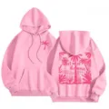 Pink fleece hooded sweatshirt for women, loose fit with graphic print on back and front. - XS / Tops / Pink