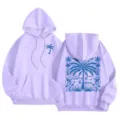Lavender fleece-lined hoodie for women, loose fit with palm tree graphic and back print. - XS / Tops / Light Purple
