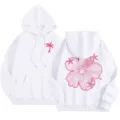 Casual women fleece lined hoodie loose sweatshirt with stylish pink floral print tops - XS / Tops / White 3