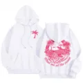 Women's fleece-lined white hoodie with pink ocean beach back print, casual long sleeve pullover. - XS / Tops / White