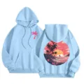 Casual fleece women hoodie with sunset beach graphic print, long sleeve, cozy loose fit. - XS / Tops / Sky Blue