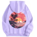 Purple Fleece Hoodie Sunset Beach Back Print Variant Casual Warm Long Sleeve Topwear - XS / Tops / Light Purple