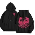 Black fleece-lined hoodie for women featuring pink palm print and ocean graphic design. - XS / Tops / Black