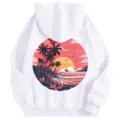 Women's fleece hooded sweatshirt in white featuring a back beach sunset graphic print. - XS / Tops / White