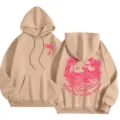 Khaki fleece-lined women's hoodie with pink palm tree surf print, casual loose hooded sweatshirt - XS / Tops / Camel
