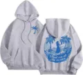 Grey fleece-lined women's hoodie with blue palm tree print and cozy loose fit design. - XS / Tops / Light Gray