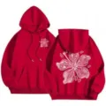 Red fleece hooded sweatshirt for women with white floral print, casual loose streetwear top. - XS / Tops / Red