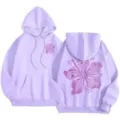 Light purple women's hooded sweatshirt featuring floral print, loose fit and ribbed cuffs. - XS / Tops / Light Purple