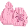 Pink fleece-lined women's hooded sweatshirt featuring floral print, loose warm casual long sleeve top. - XS / Tops / Pink