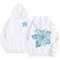Women's white fleece-lined hoodie with blue floral print, loose long sleeve hooded sweatshirt. - XS / Tops / White 7