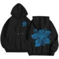Women's black fleece lined hooded sweatshirt with blue floral print loose casual warm pullover top - XS / Tops / Black 6