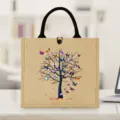 Detailed view of durable jute tote bag featuring colorful butterfly tree print and sturdy handles. - Butterfly And Tree Print Style