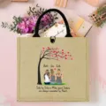 Close-up view of personalized burlap tote bag with custom sister graphic and warm quotes. - Style 1
